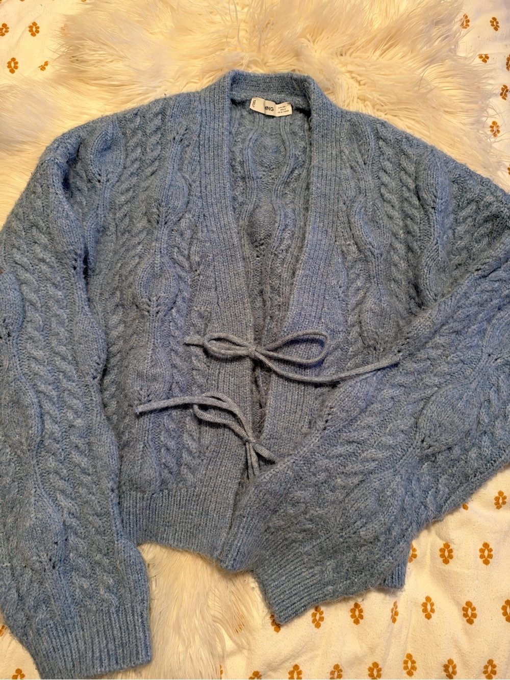 Mango Cozy Blue Cable-Knit Tie-Front Sweater